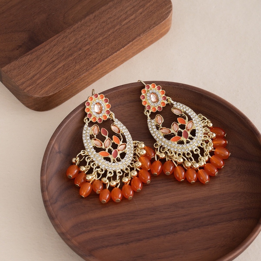 Gold and Orange Beaded Teardrop Chandbali Earrings